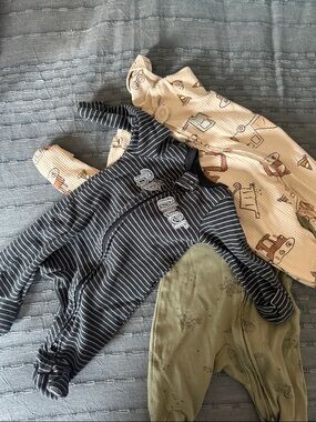 Baby Sleepers Set - Black Striped, Cream Pattern, Olive Green